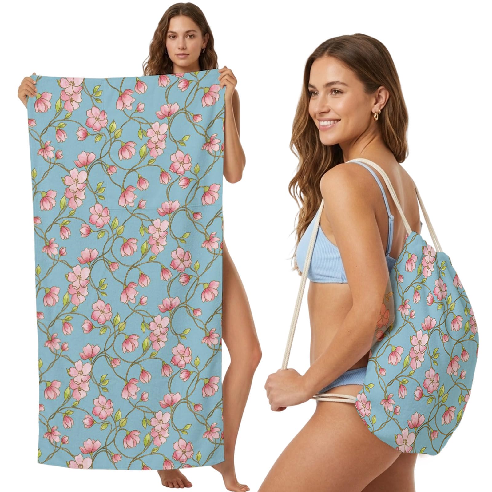 Beach Towel Bag 2 in 1 Pink Floral Vines Bath Pool Towels Backpack Buds Bloom Petals Blue Absorbent Beach Towel Soft Quick Dry Lightweight Packable Towels Drawstring Bag for Travel Camping Sports Yoga