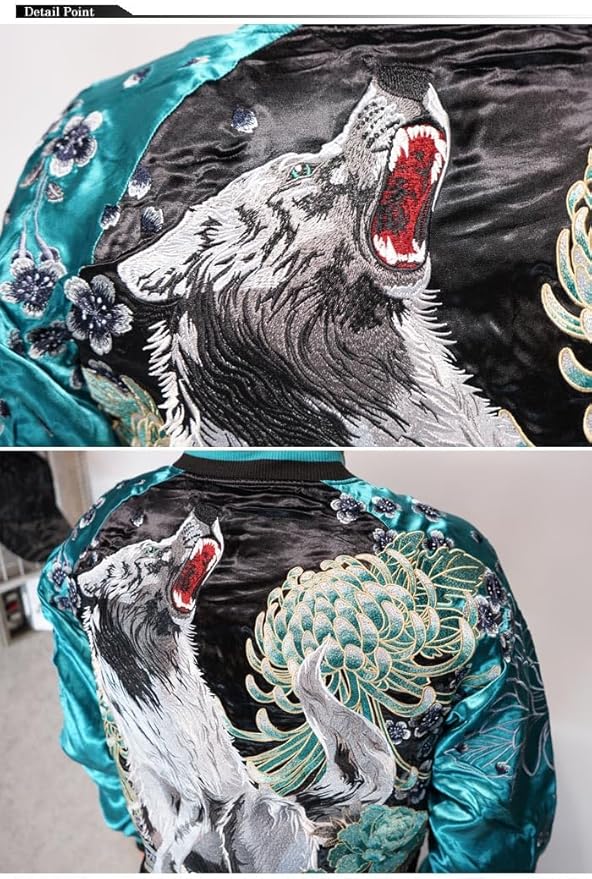 絡繰魂 カラクリダマシイ スカジャン 総刺繍 狼 オオカミ リバーシブル L 絡繰魂 カラクリダマシイ 和柄 スカジャン メンズ 総刺繍