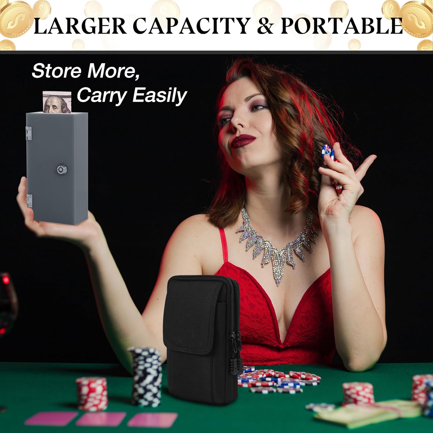 Acrylic Cash Box Extra Large Grey Winners Bank with 2 Keys, Slot, Storage Waist Bag, Portable Lock Box for Casino Cash Money Safe Lock Box for Gambler, Christmas Gift for Men, 1Pack