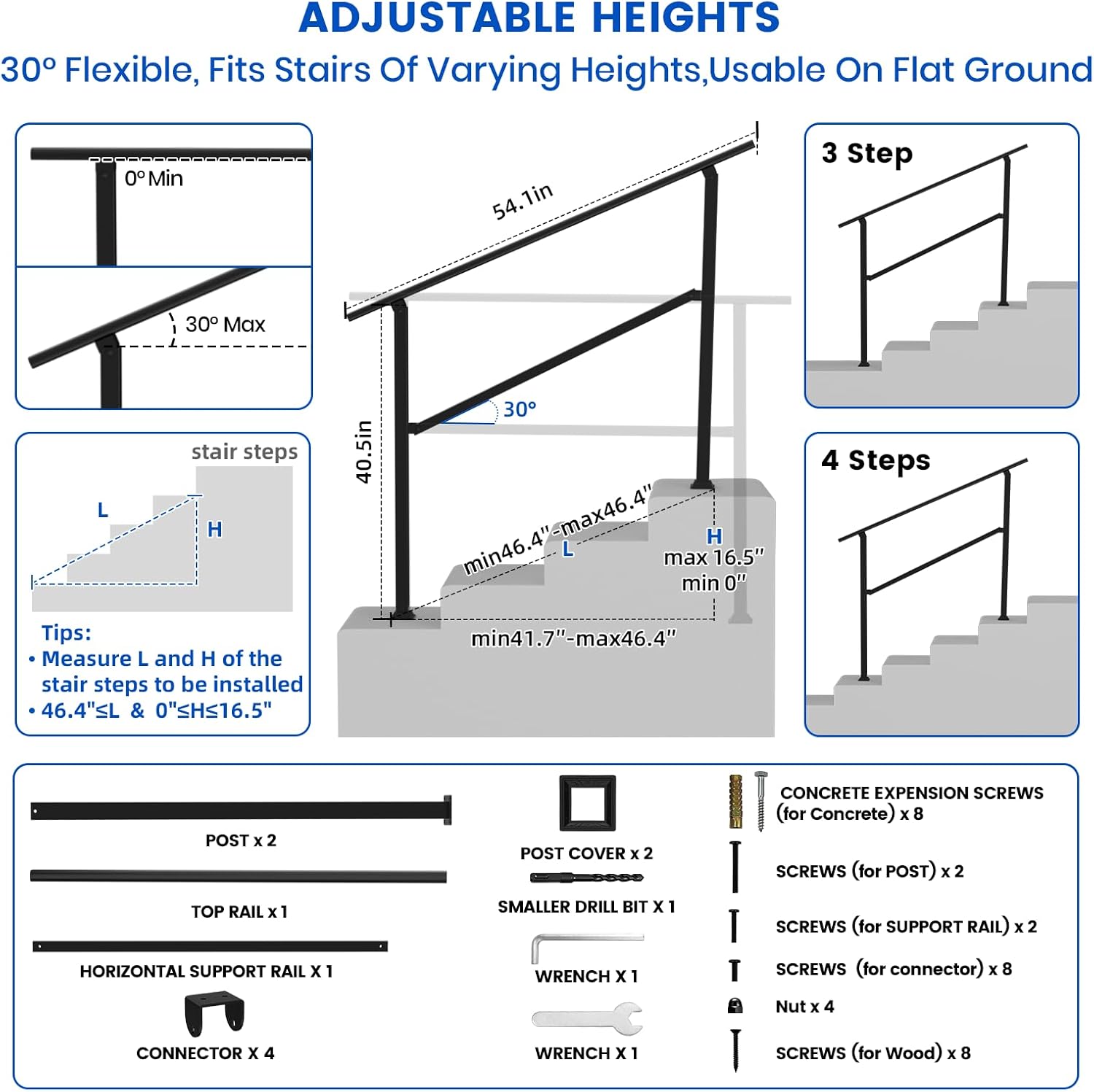 Hand Rails for Outdoor Steps-Adjustable Angle 4-5 Steps Stair Handrail-Galvanized Alloy steel-600 lb LC-Indoor Stair Railing Kit-Waterproof Exterior Porch Railing-Deck HandRail for Concrete Wood Step