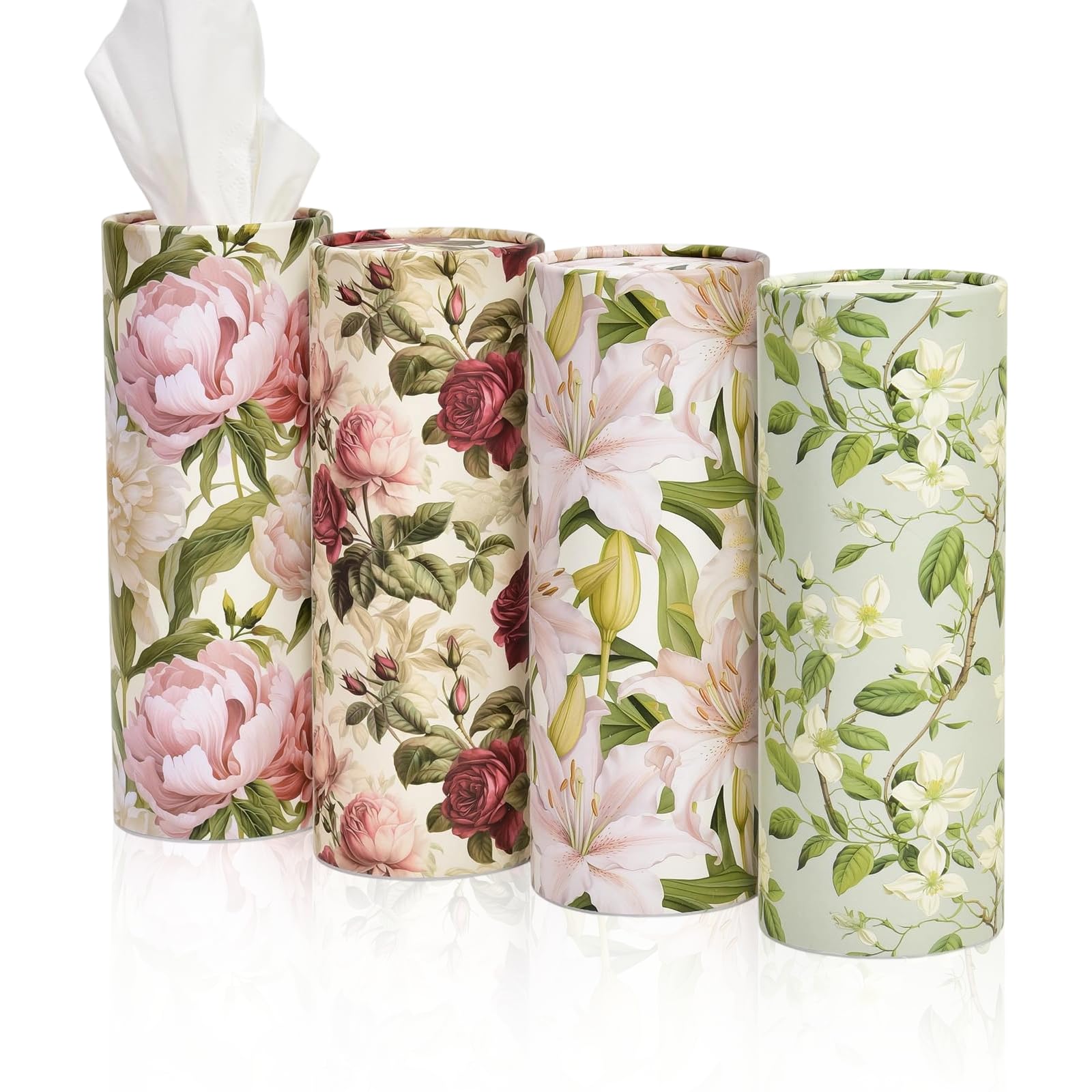 4pack Car Tissues Holder with Facial Tissues Vintage Rose Peony Orchid, Car Tissues Box Round Container, Tissue Box for Cars, Floral Tissue Tubes, Tissue Box Holder for Cafes, Home, Offices, Travel