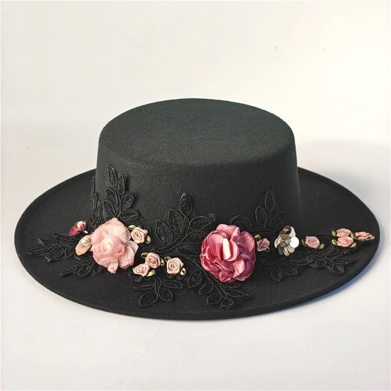 Bombetta Donna Cappello Fedora da Sposa Fiore Autunno Inverno | Cappello a bombetta da chiesa a tesa larga nero da donna con parte superiore piatta Chapeau Femme