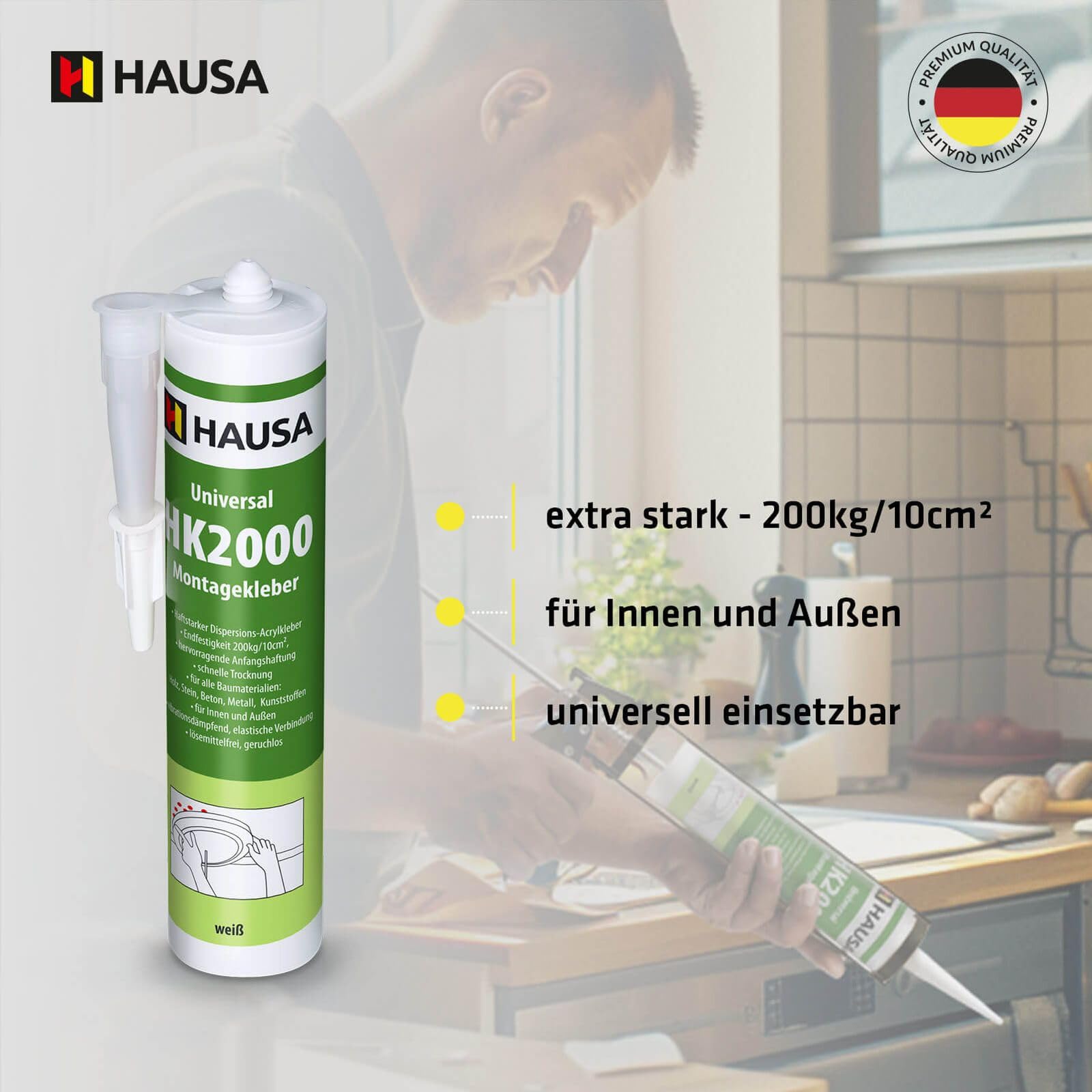 HAUSA Colle de montage universelle HK2000 Colle acrylique à dispersion adhésive Idéale pour les supports poreux à l'intérieur et à l'extérieur Résistance finale 200kg/10cm² 12x 310ml Blanc