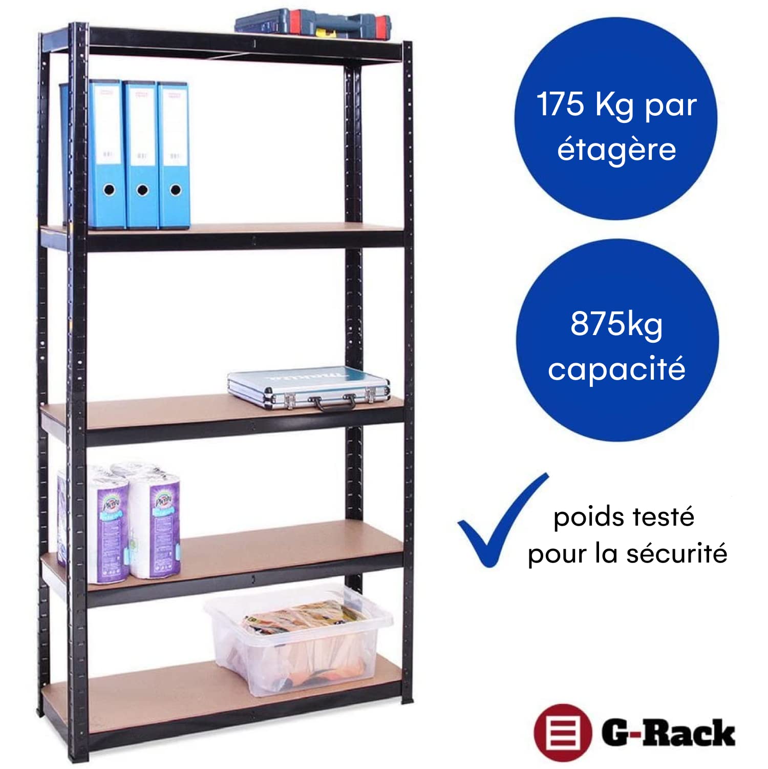 Rangement Garage: 180 cm x 90 cm x 40 cm | Noir - 5 Niveaux | 175 kg par Tablette (Capacité Totale de 875 kg) | Garantie de 5 Ans