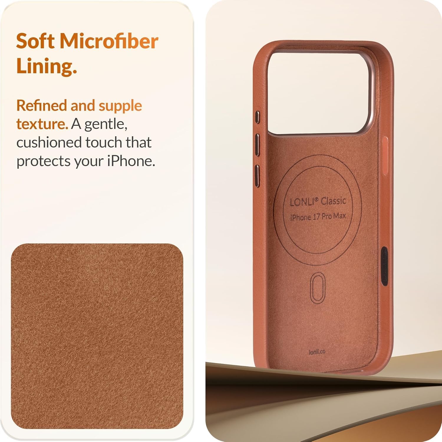 LONLI Classic | Gold-Rated Leather - European Genuine Vele Leather Case for iPhone 17 Pro Max - [Built-in Camera Control and Compatible with Magsafe] - Brown - Image 6