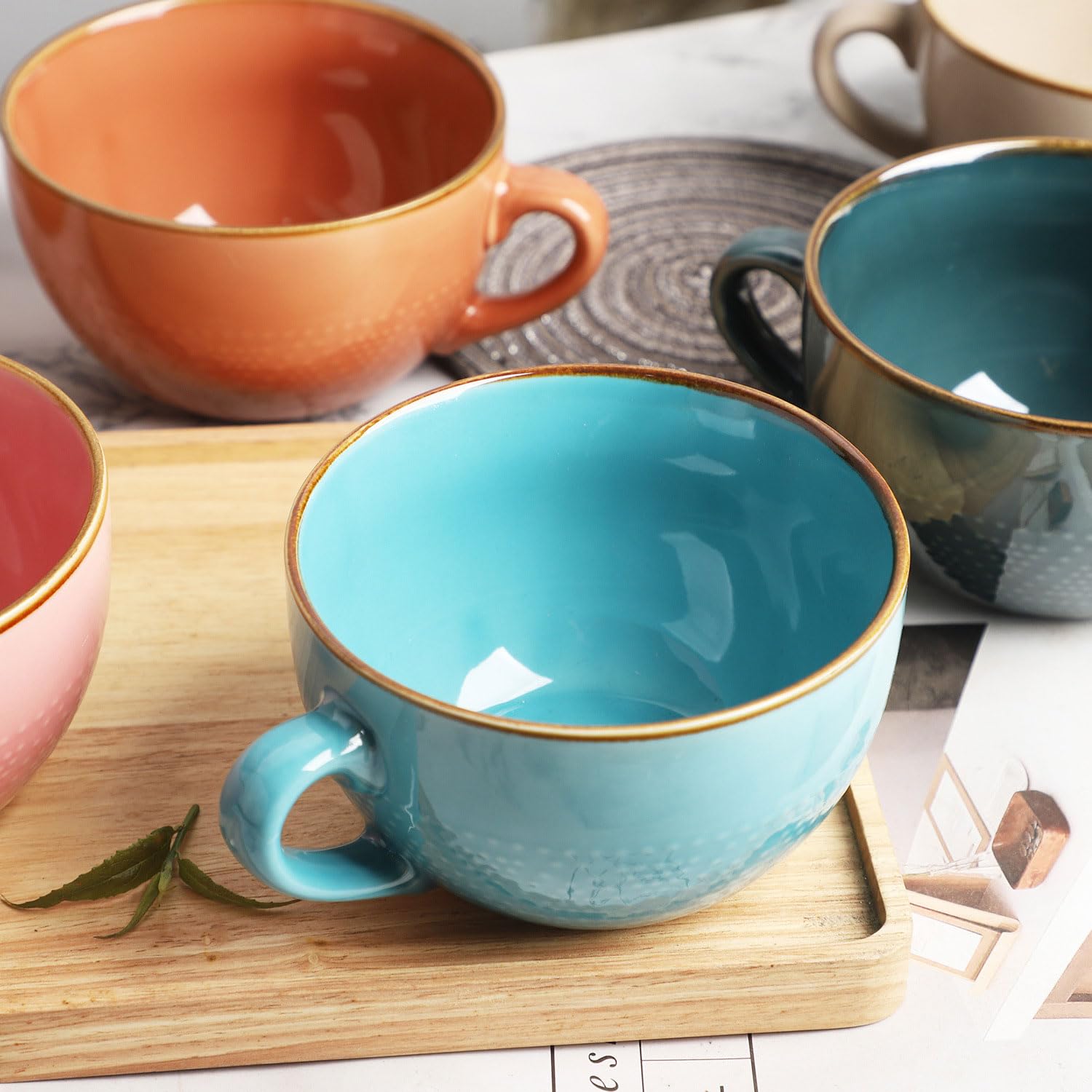 Tazza da caffè grande in ceramica da 700 ml, con sottobicchiere e cucchiaio, tazza da zuppa di cereali, tazza da caffè, insalatiera per caffè, tè, gelato, cereali (set da 4 pezzi)