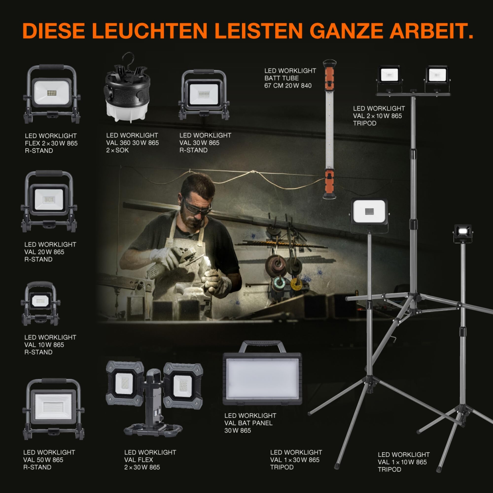 OSRAM Lampa robocza zasilana akumulatorem R-Stand 20W 4000K w kolorze pomarańczowym z obudową aluminiową, stopień ochrony IP44, do renowacji, piwnic i garaży