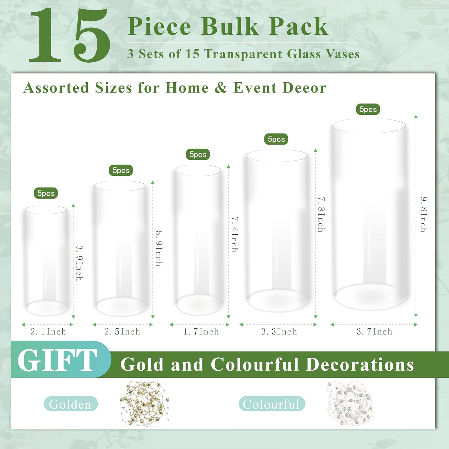 15pcs Clear Glass Vase for Centerpieces, 4,6,7.5,8,10 inch Tall Cylinder Flower Vase Bulk Floating Candle Holder for Wedding Table Home Décor and Party 4+6+7.5+8+10inch 15