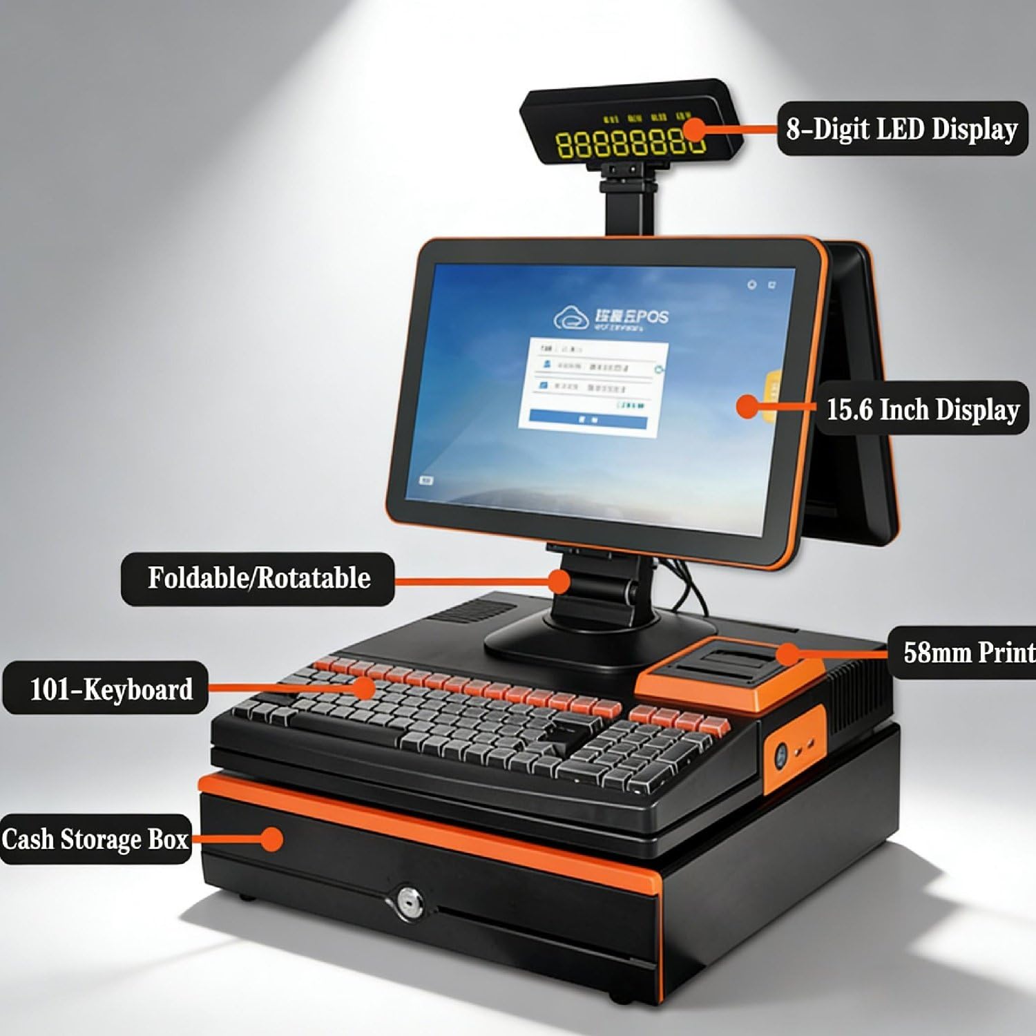 Caja registradora con TPV, con monitor de pantalla táctil de 15,6", cajón de efectivo, impresora de 58 mm, escáner de código de barras naranja, para pequeñas empresas, tiendas minoristas.