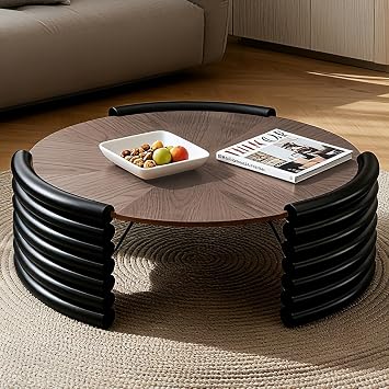 36" Round Farmhouse Coffee Table, Rustic Wood Veneer Coffee Table Round Circle Center Tables with Stable Fluted Legs Low Accent Tea Tables for Living Room Small Space,Brown+Black