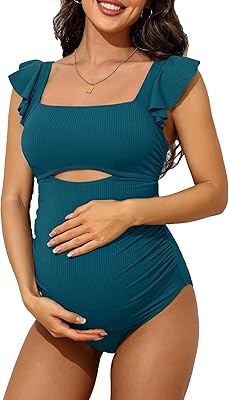 Charmo Ruffle Maternity Bathing Suits for Women Ribbed Tie Knot Maternity Swimsuit Cutout Ruched Pregnancy Swimwear