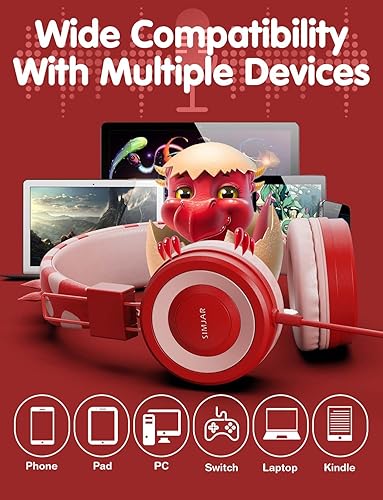 Miniatura 5 de SIMJAR Auriculares de dinosaurio para niños con micrófono para la escuela, limitador de volumen 8594 dB, auriculares sobre la oreja para niños con