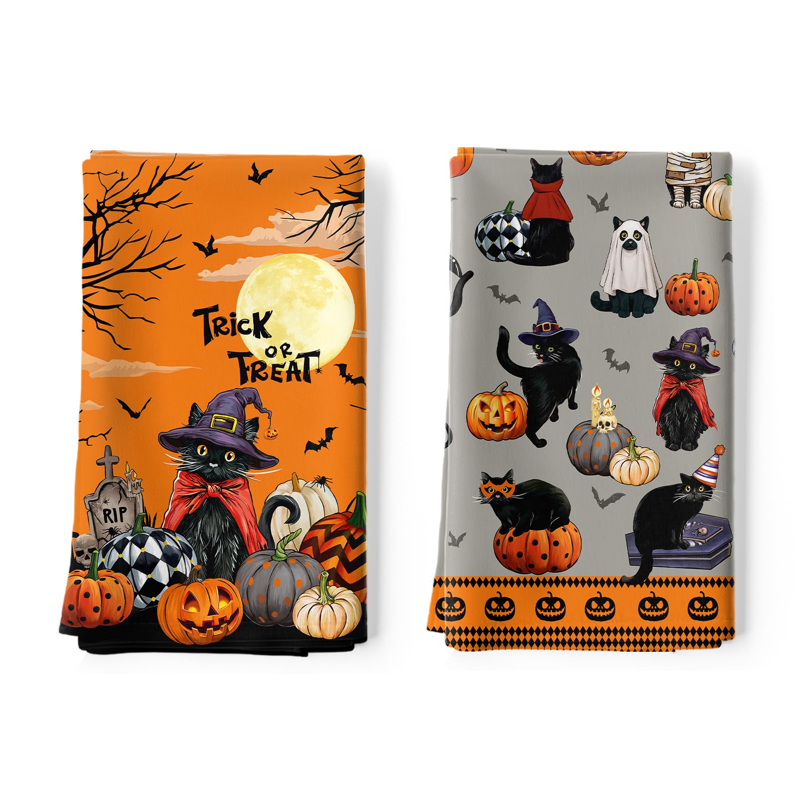 Arquiel Halloween Cat Tea Towels, 100% Cotton Kitchen Towel, Set of 2