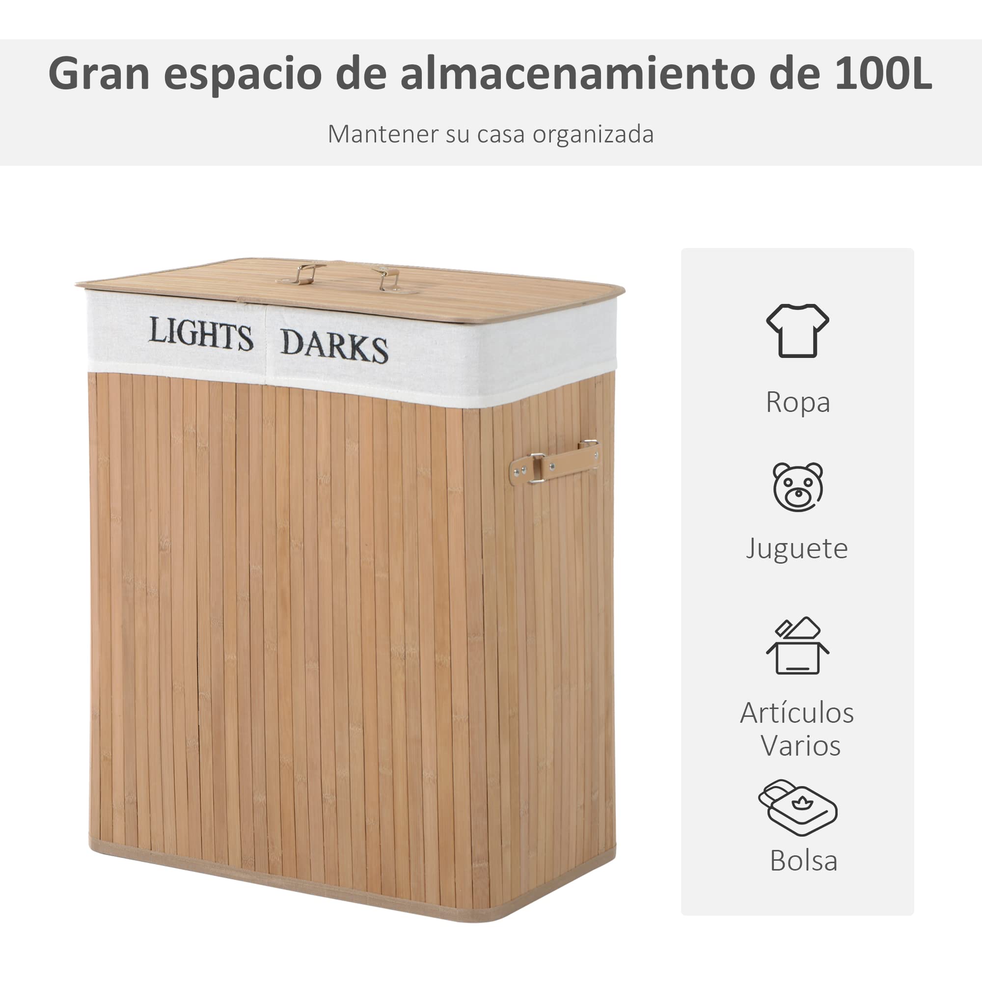 HOMCOM Cesta para Ropa Sucia de Bambú 100 L con Tapa Bolsa con 2 Compartimentos Extraíble y Lavable 52x32x63 cm Natural