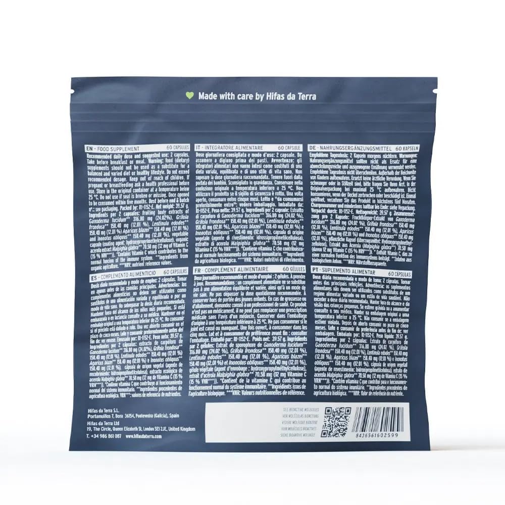 HIFAS DA TERRA - Mico-Five - Extracto Puro de Reishi, Maitake, Shiitake, Champiñón del sol y Chaga con Vitamina C - Refuerzo inmunitario natural - Extracto de Hongos - Refill 60 Cápsulas