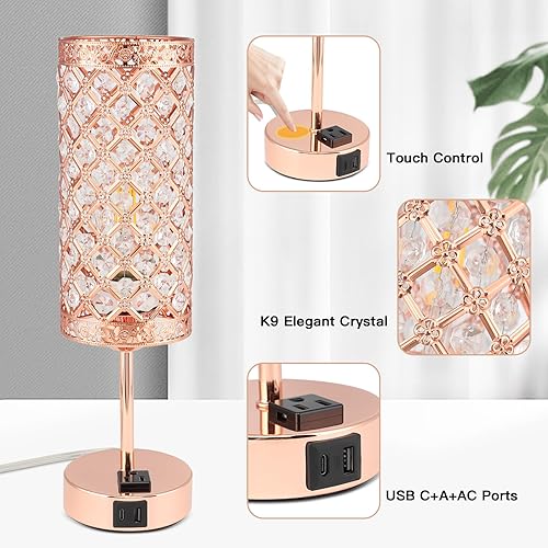Miniatura 3 de Lámpara de mesa de cristal, lámpara de oro rosa con puertos USB&C + CA, luz regulable de 3 vías con pantalla de cristal, lámpara de noche moderna