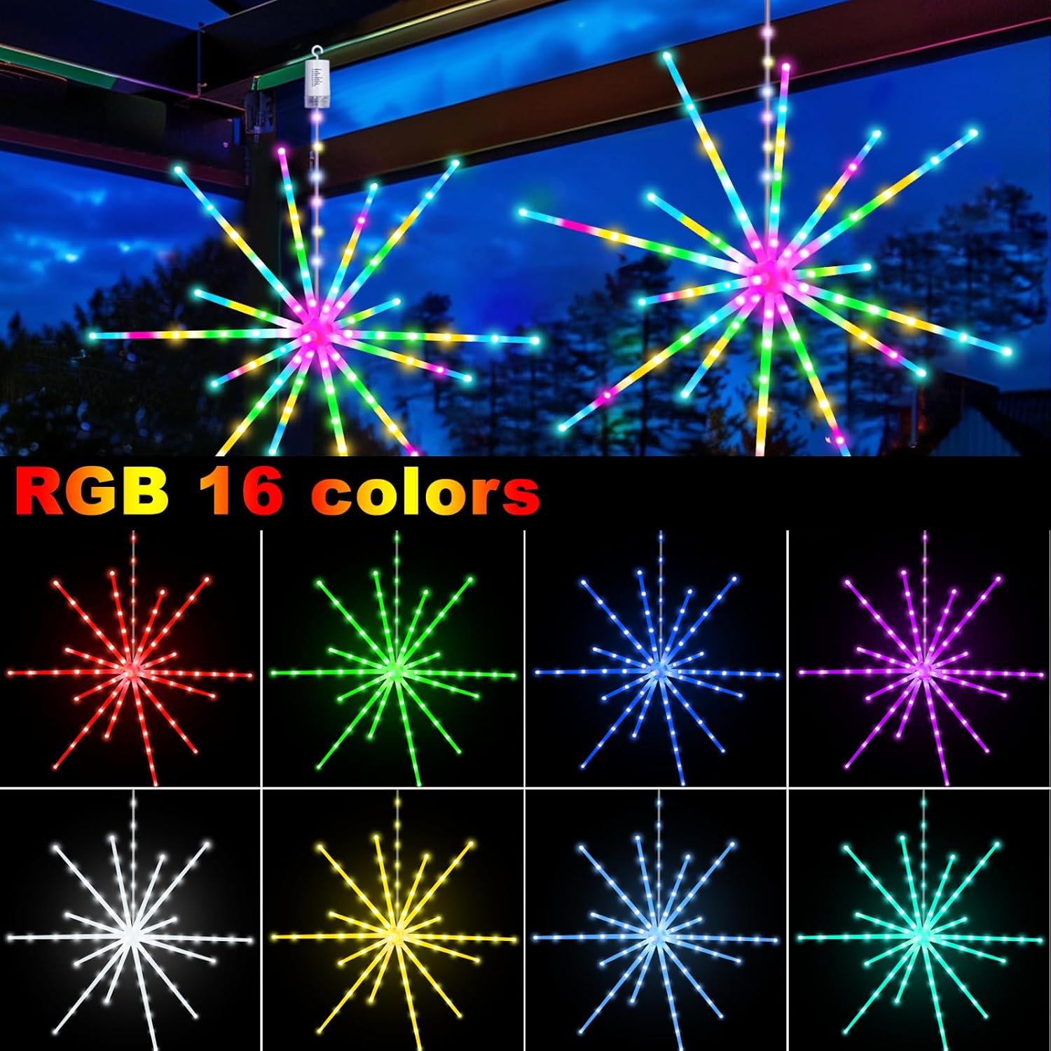 New Hanging Starburst Light,16 Colors 8 Modes 102 LED Waterproof Firework Fairy Meteor Lights, Dimmable Remote Control, Battery Operated Starry Light for Garden Patio Party Christmas (1-pack)