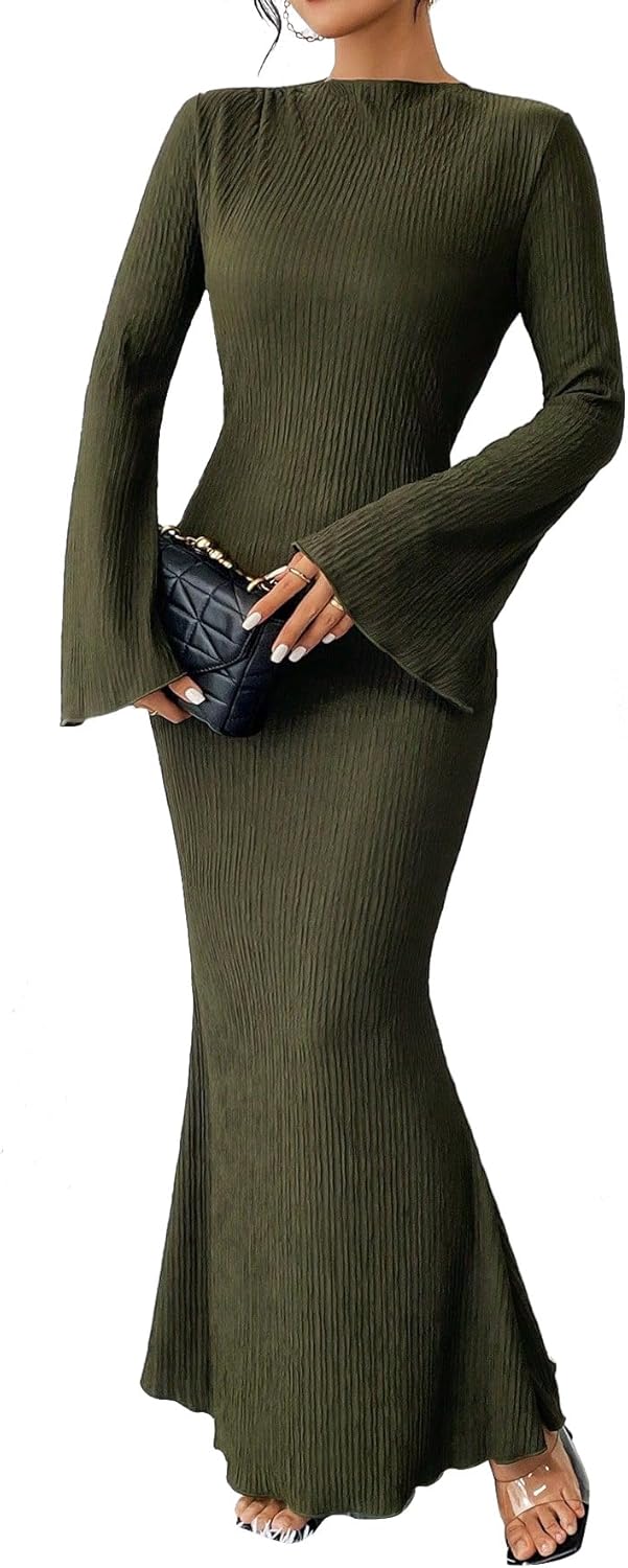 Narecte Fall Dresses for Women 2025 Maxi Dresses Solid Color Boho Dress Flare Sleeve Bodycon Dress