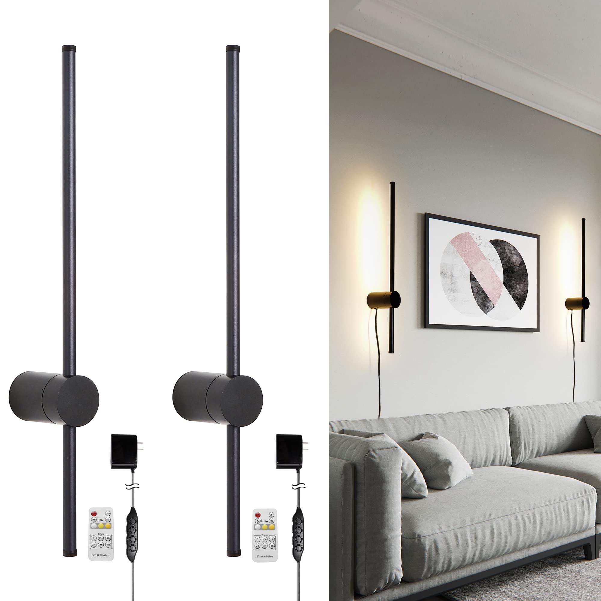 Ditoon RC Dimmable Modern Plug in Wall Sconce Set of Two LED Black Wall