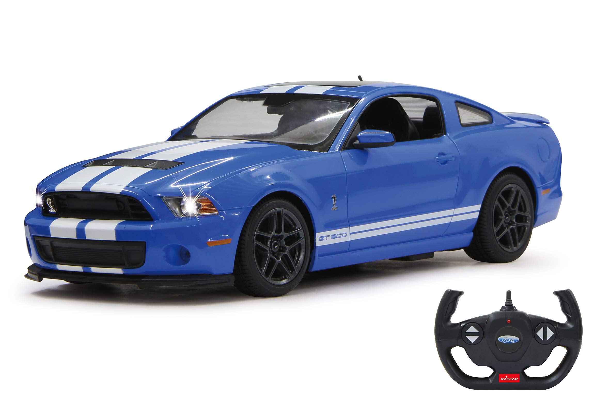 JAMARA 404540 - Shelby GT500 1:14 2,4 GHz - oficjalnie licencjonowany, do 1 godziny jazdy przy 11 km/h, LED, idealnie odtworzone szczegóły, szczegółowe wnętrze, wysokiej jakości wykonanie, niebieski