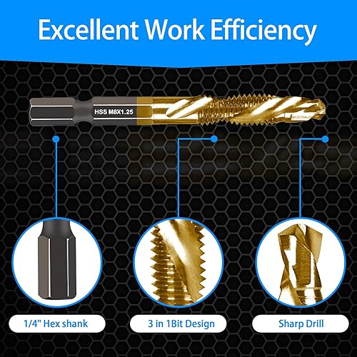Miniatura 15 de Juego de 6 brocas de combinación de taladrado y roscado de titanio SAE 6-32nc, 8-32nc, 10-32nc, 10-24nc, 12-24nc, 1/4-20nc