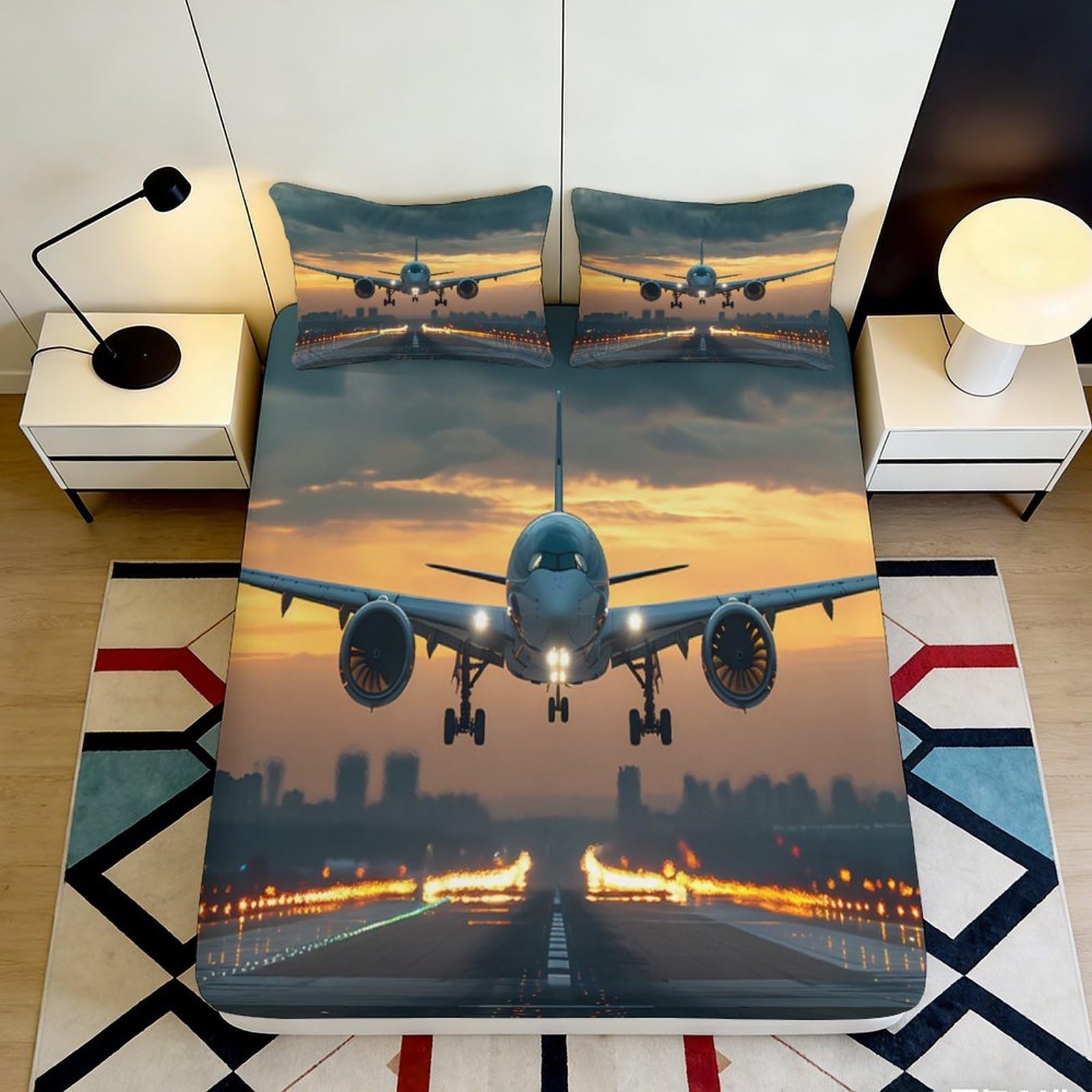 3D Printed Sunset Runway Airplane Fitted Sheet Microfiber Mattress Cover for Bedroom Guest Room Decor Anti-dust 90x200x25cm