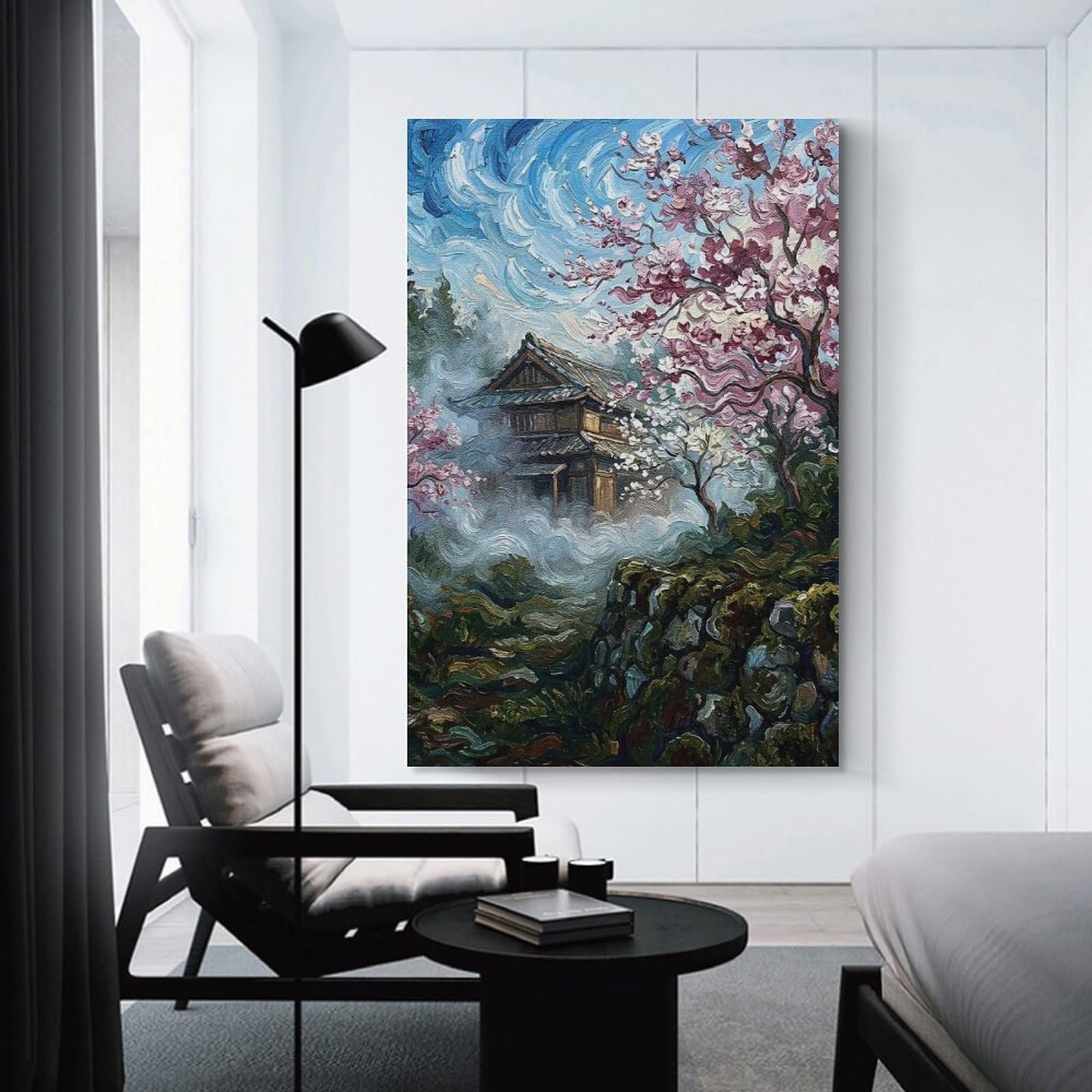 Junmoney Wall Picture Print Misty Japanese House with Cherry Blossoms, 24x36inch(60x90cm), for Workspace Walls, Study Corners Or Bedrooms, A Smart Decor Choice for Study Walls