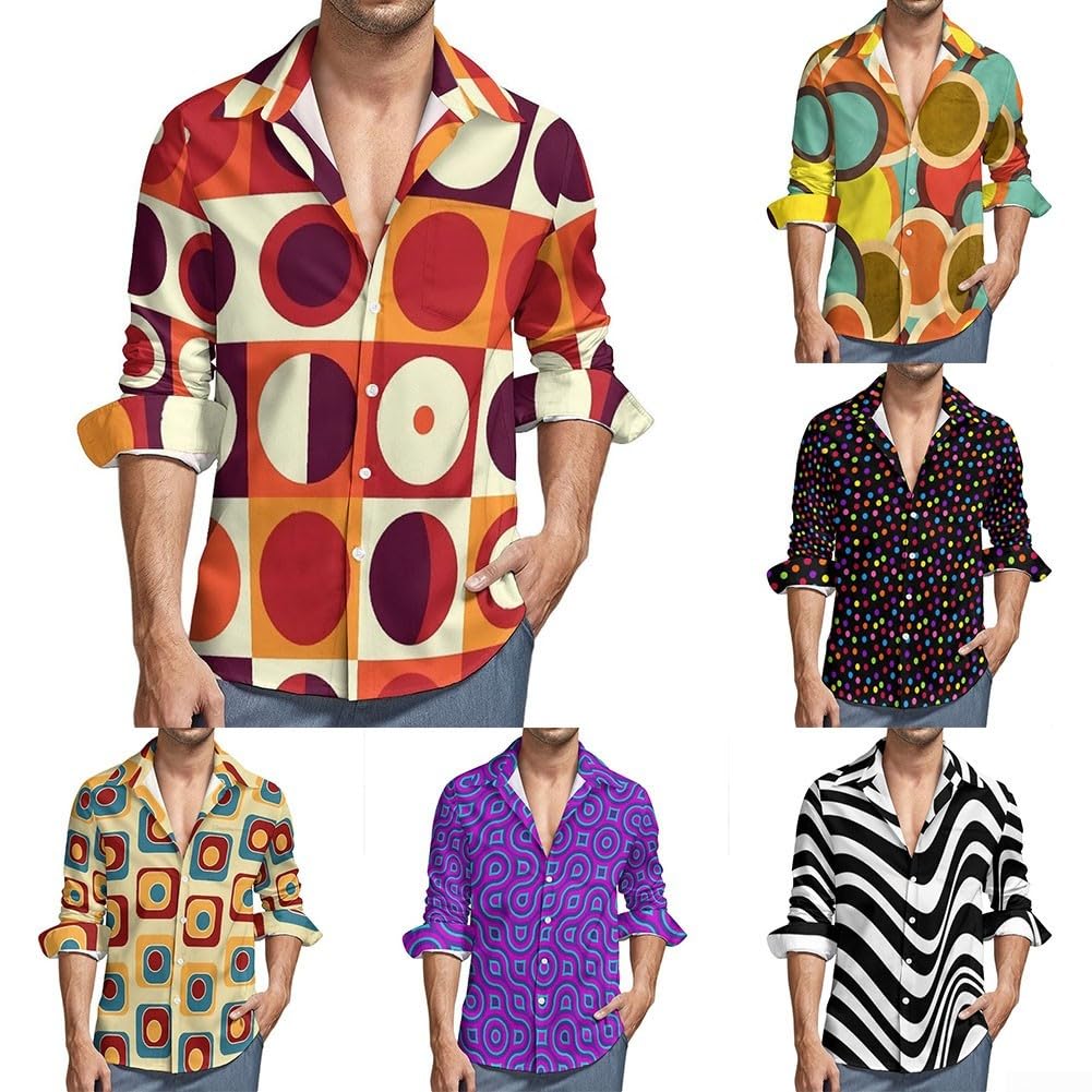 Camicia a maniche lunghe da uomo in stile vintage anni '70 con stampa 3D alla moda (M giallo)