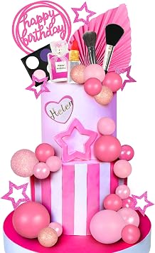 32 PCS Makeup Cake Topper Happy Birthday Cake Topper with Lipstick Eye Shadow Makeup Brush for Birthday Hot pink