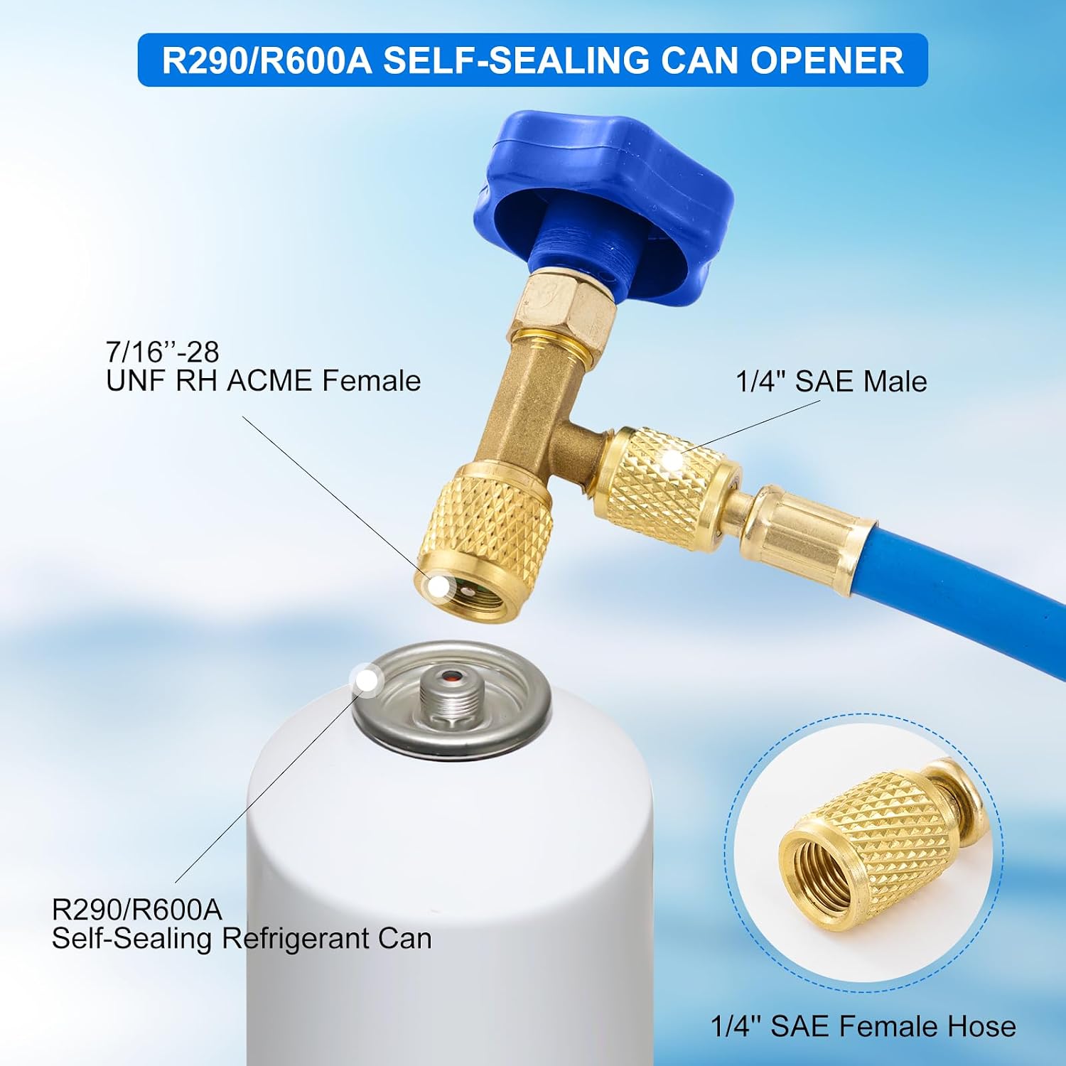 R290 and R600A Charging Manifold Hose Kit with Single Gauge, Self-Sealing Can Tap 7/16 to 1/4, Punture Can Opener 1/2 RH Acme to 1/4, 2PC R600A Charging Hose 600-3000PSI