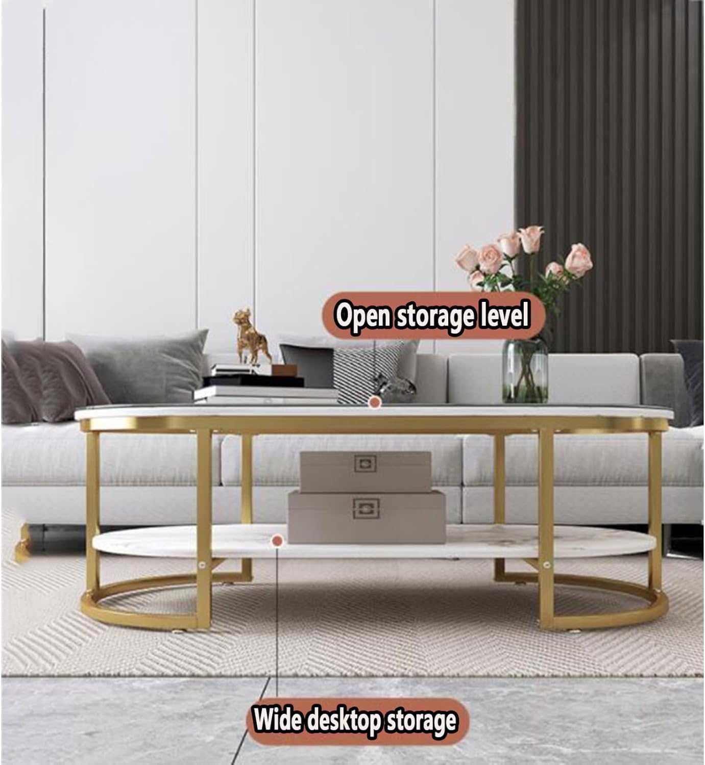 Owalny stolik kawowy Glam, mały stolik kawowy z półką, wszechstronny stolik pomocniczy do salonu, stolik koktajlowy na sofę, białe wykończenie, nowoczesny design