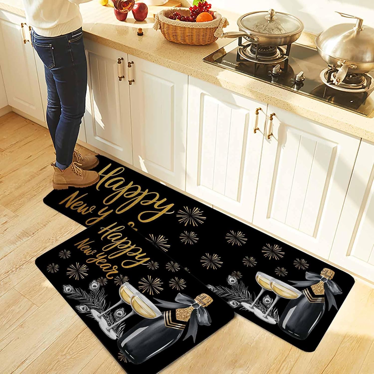 Happy New Year Kitchen Rugs and Mats Set of 2, Non-Slip Kitchen Sink Mat, Cups Modern Art Washable Doormat Bathroom Rugs Runner for Bedroom/Living Room 15.7"x23.6"+15.7"x47.2"