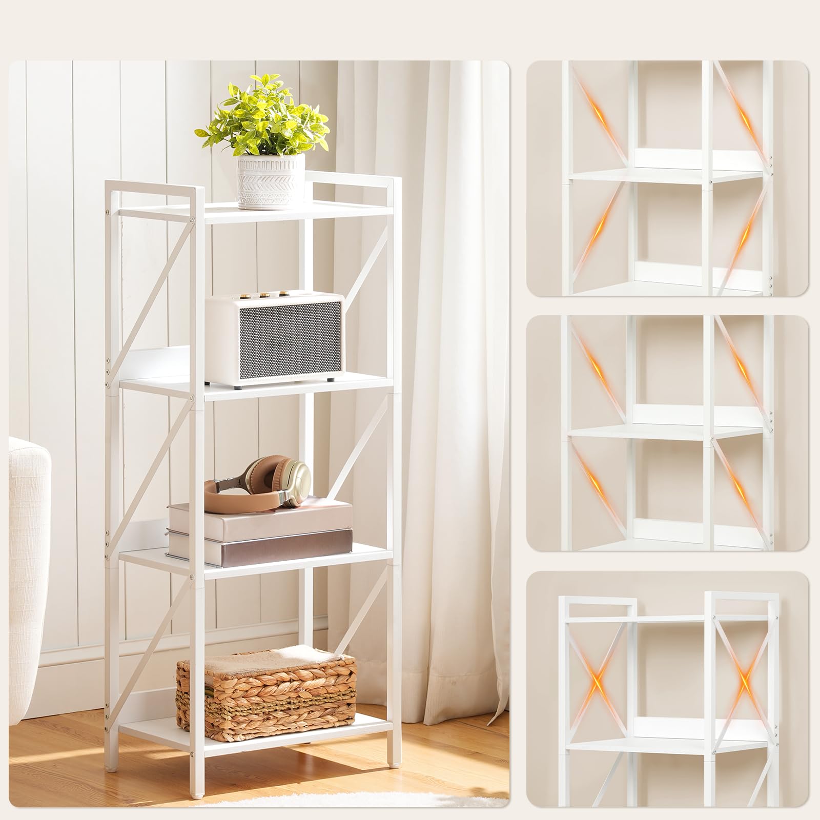 HOOBRO Scaffale a 4 Ripiani in Stile Moderno, Libreria Angolare, Scaffale a Scala, con Struttura in Metallo, per Soggiorno, Camera, Ufficio, Cucina o Ingresso, Bianco EWW40SJ01