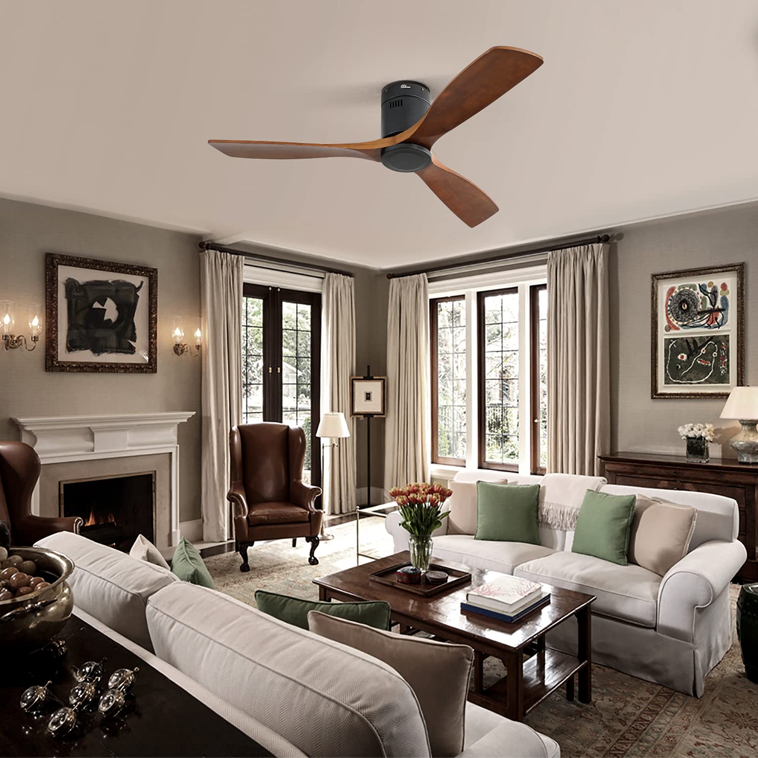 Sofucor Low Profile Ceiling Fan DC 3 Carved Wood Fan Blade Noiseless