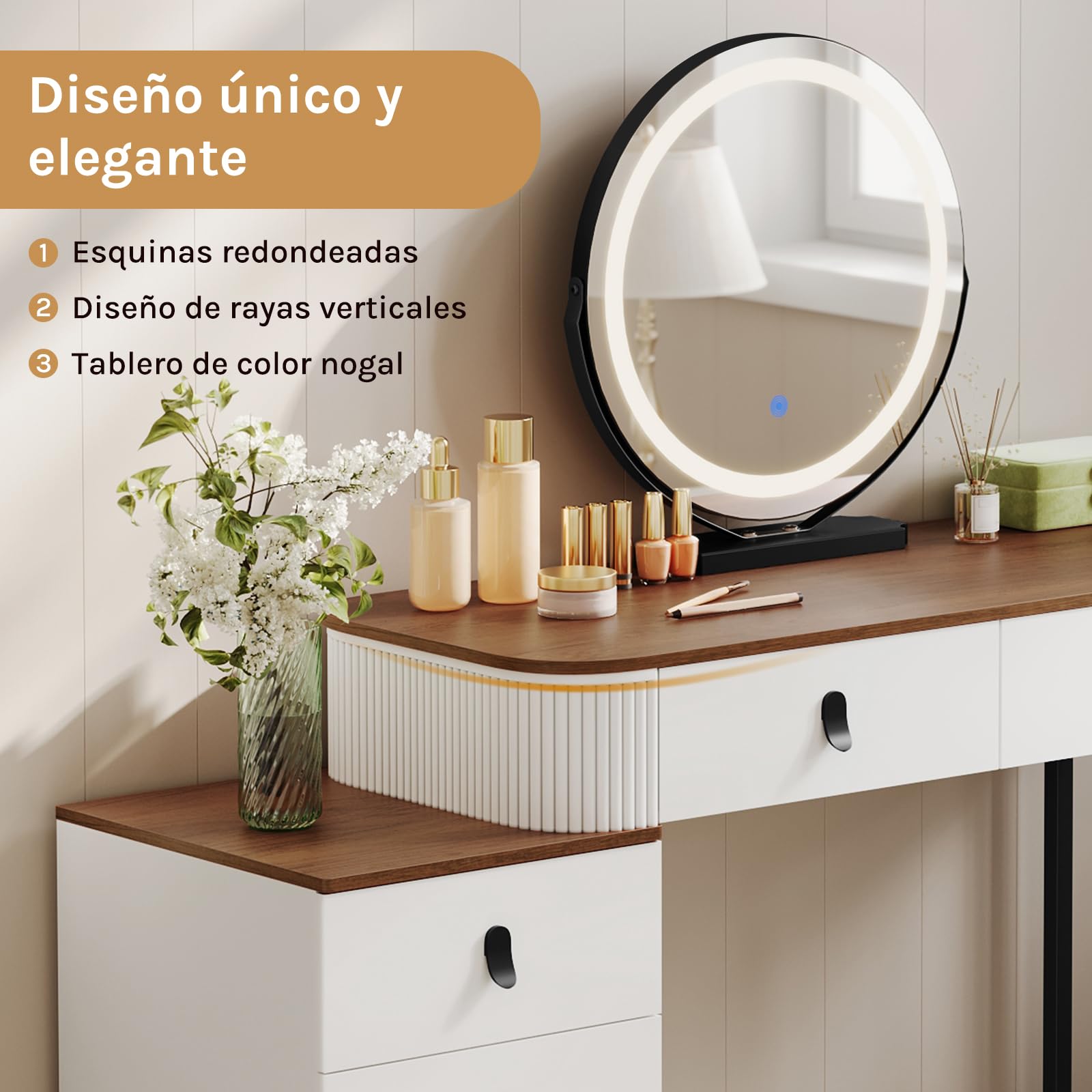 WOLTU Tocadores Maquillaje, Mesa tocador, con Espejo Redondo, Luz Regulable en 3 Niveles, Tocador con Cajonera de 5 Cajones, Marrón Naranja, MB6109hdob