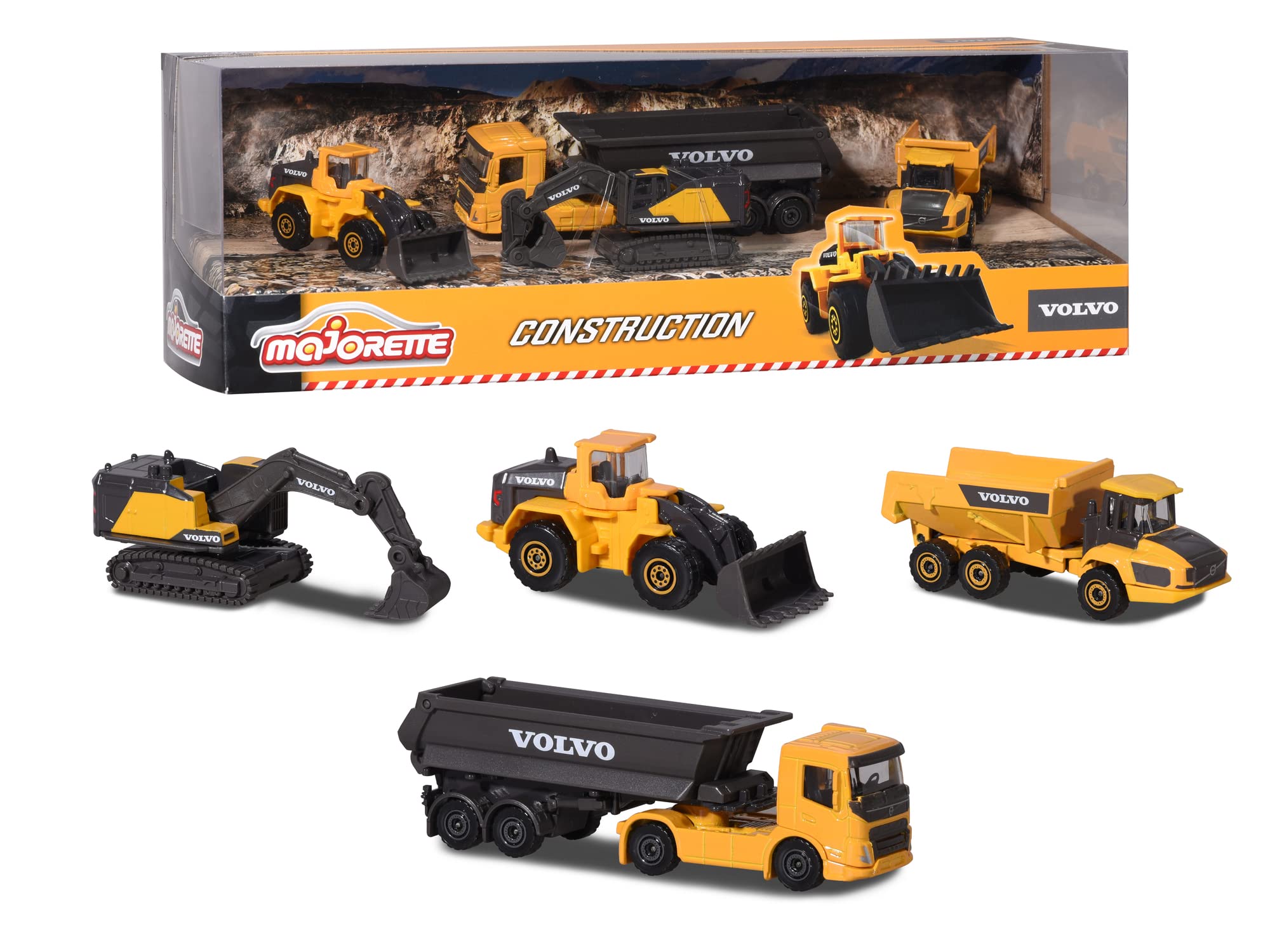 Majorette 212057287SDN - Volvo Construction Vehicles, Pack of 4, Metal with Freewheel and Moving Parts, from 3 Years, Multi-Colour