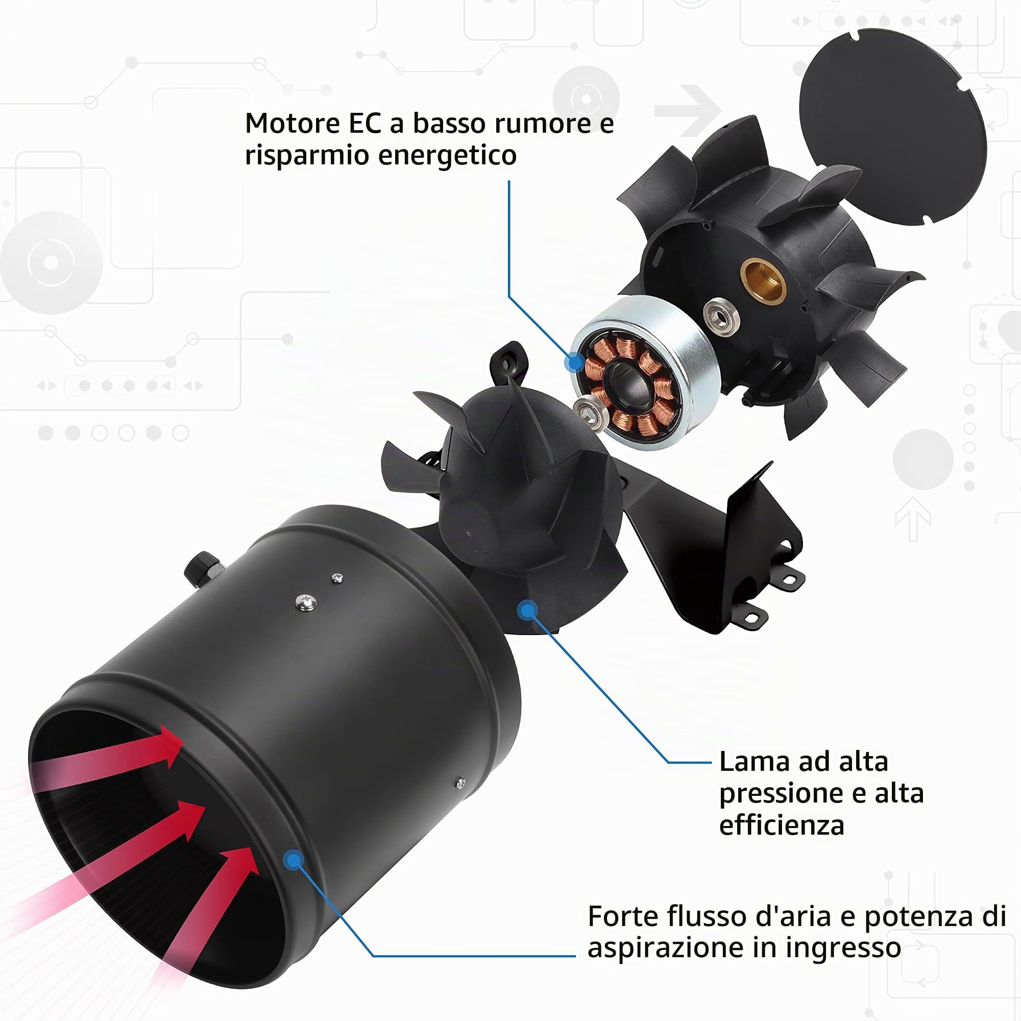 Ventola Aspirazione 150mm regolabile, Ventilatore del Condotto, Massimo Estrazione 594m³/h Ventola di Aspirazione, Estrattore aria in linea con controllore di velocità variabile