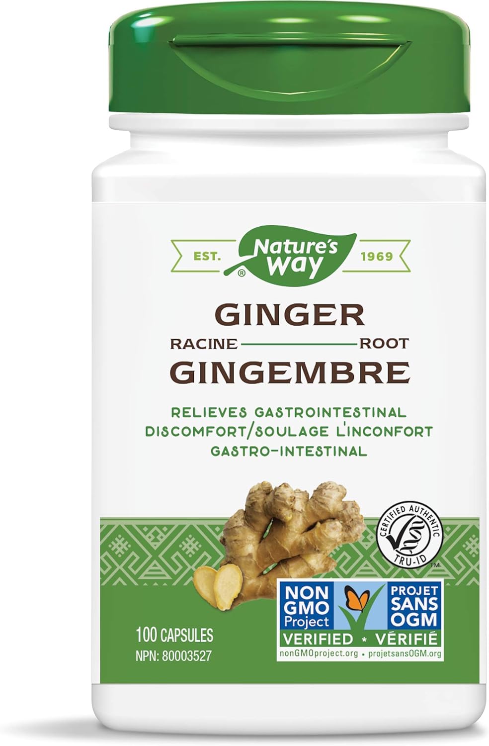 Nature's Way Premium Herbal Ginger Root, 1,100 mg per serving, Digestive Health, 100 Vcaps, Ginger (root), plant-derived capsule (modified cellulose), cellulose, silica : Everything Else
