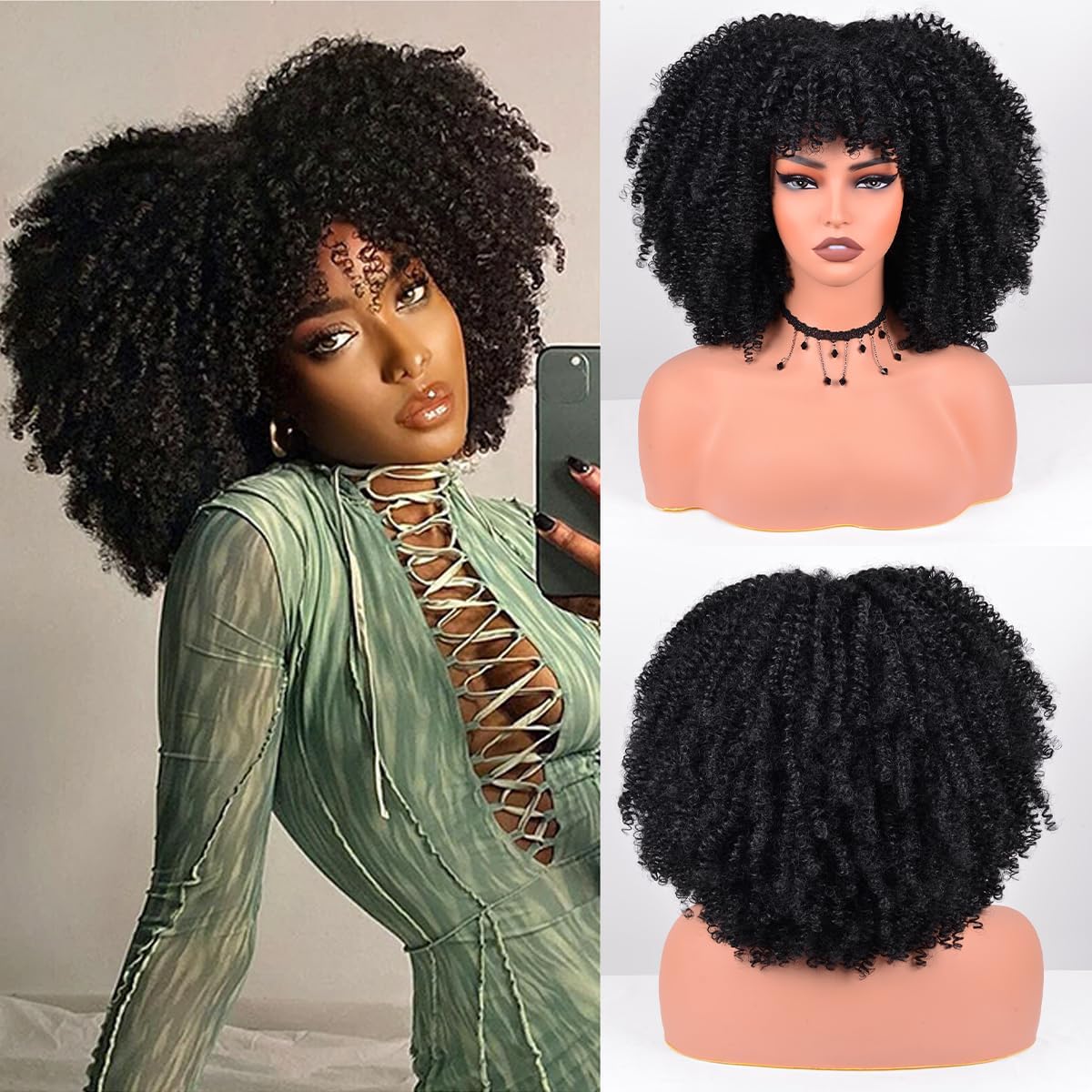 Vitorish Afro Curly Wig with Bangs 12 Inches Synthetic Afro Wig for Women about 280g/Pcs Heat Resistant Black Short Kinky Curly Wigs for Daily Party