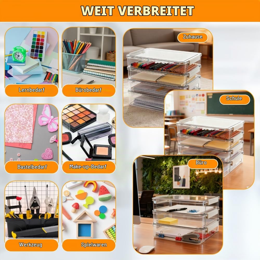 4 Pack Schreibtisch Organizer Dokumentenbox A4 Aufbewahrungsbox mit Deckel 34,5x23,5x6,5cm Tragbares Klick-Design Papieraufbewahrung stapelbare Stiftebox Plastikbox für A4 Papier Organisation