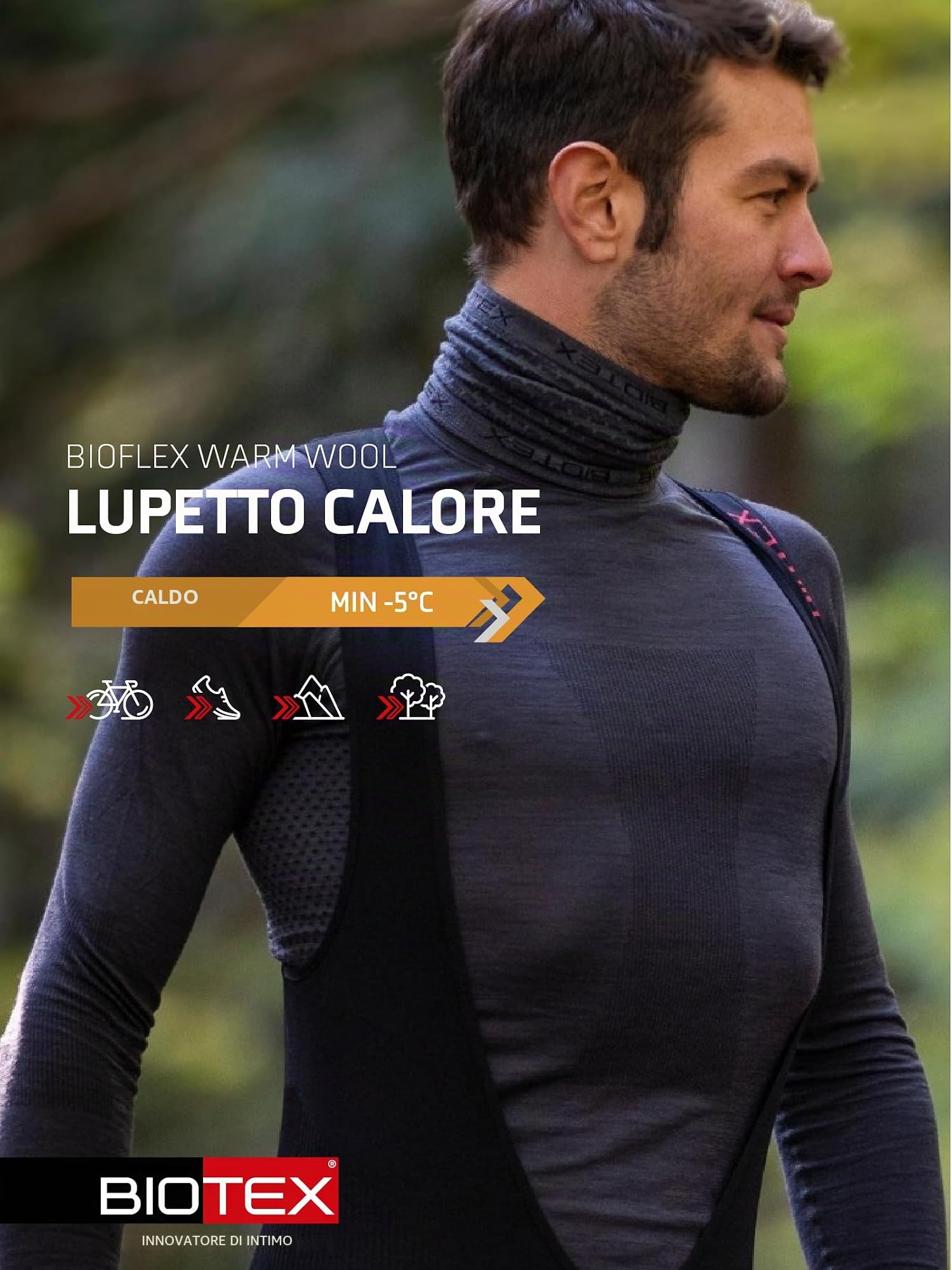 BIOTEX Lupetto Calore in Lana Merino per Ciclismo e Running, Intimo Tecnico Sportivo, Maglia Termica a Manica Lunga a Collo Alto, Grigio