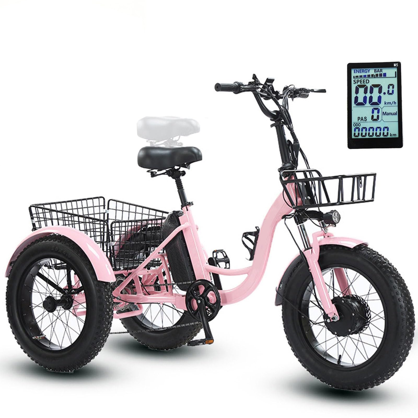 20" Triciclo Elettrico Per Adulti, Batteria Rimovibile Da 48V 13Ah (Autonomia 30-40 Km), Doppi Freni A Disco, Display Led, Capacità Di Carico Massima Di 150kg, Per Pendolarismo, Viaggi Pink