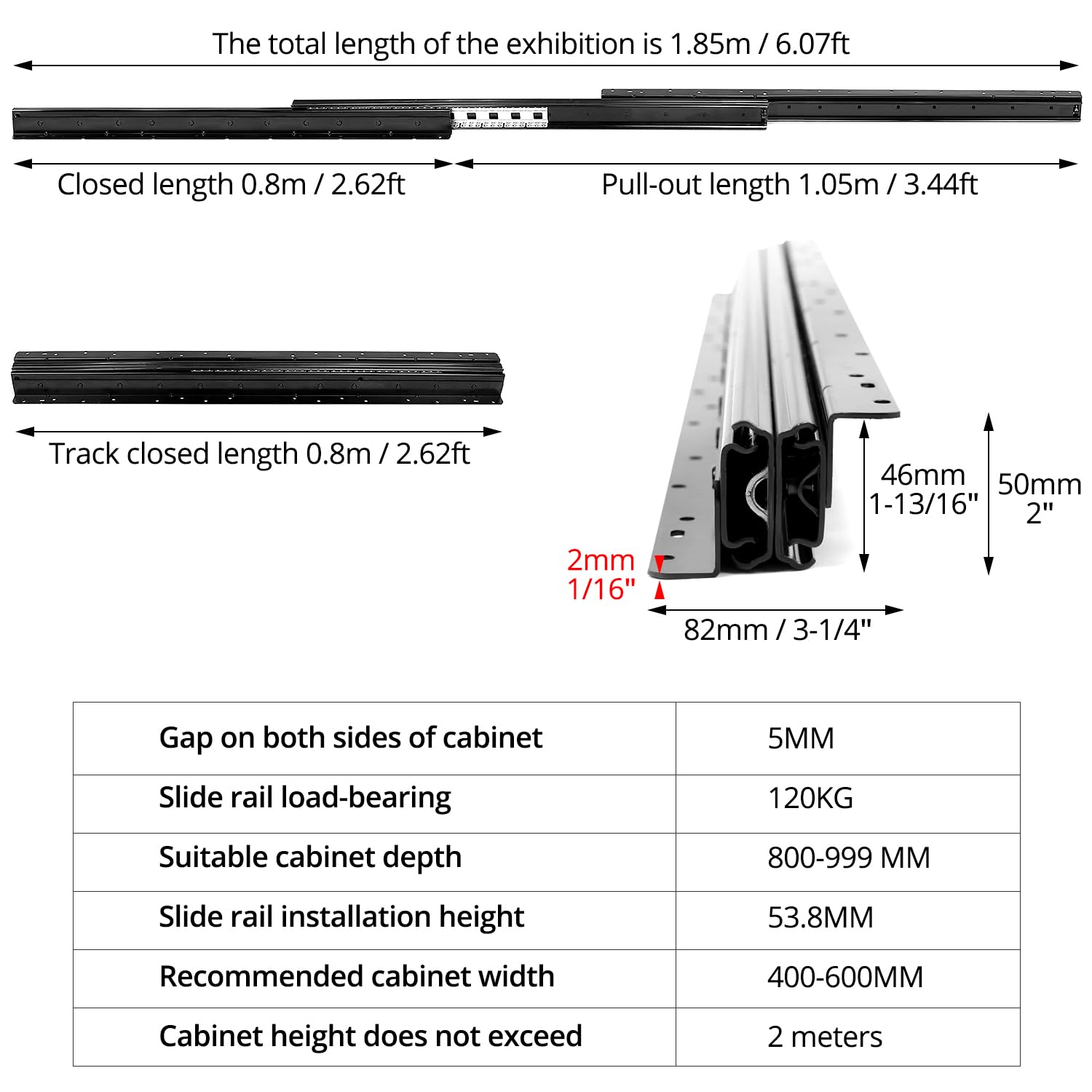 QWORK® Coulisses de tiroir robustes pour rangement sous les escaliers 800-1850mm, extension complète, noir, capacité de charge 120 kg, 1 paire, avec vis
