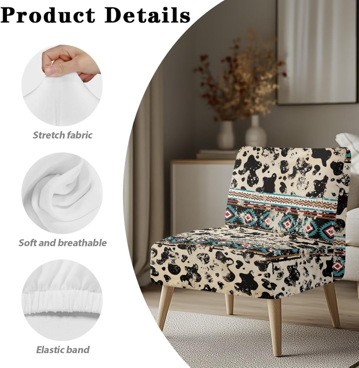 ZOUTAIRONG Milk Cow Print Slipper Chair Covers Armless Accent Chair Cover Aztec Home Decor Slipcovers Removable Western Couch Cover Small No Arms Sofa Cover