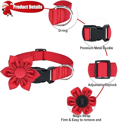 Miniatura 4 de Malier Collar de Navidad para perro con flor, collar de Navidad rojo con hebilla, collar de algodón ajustable para perros pequeños, medianos y