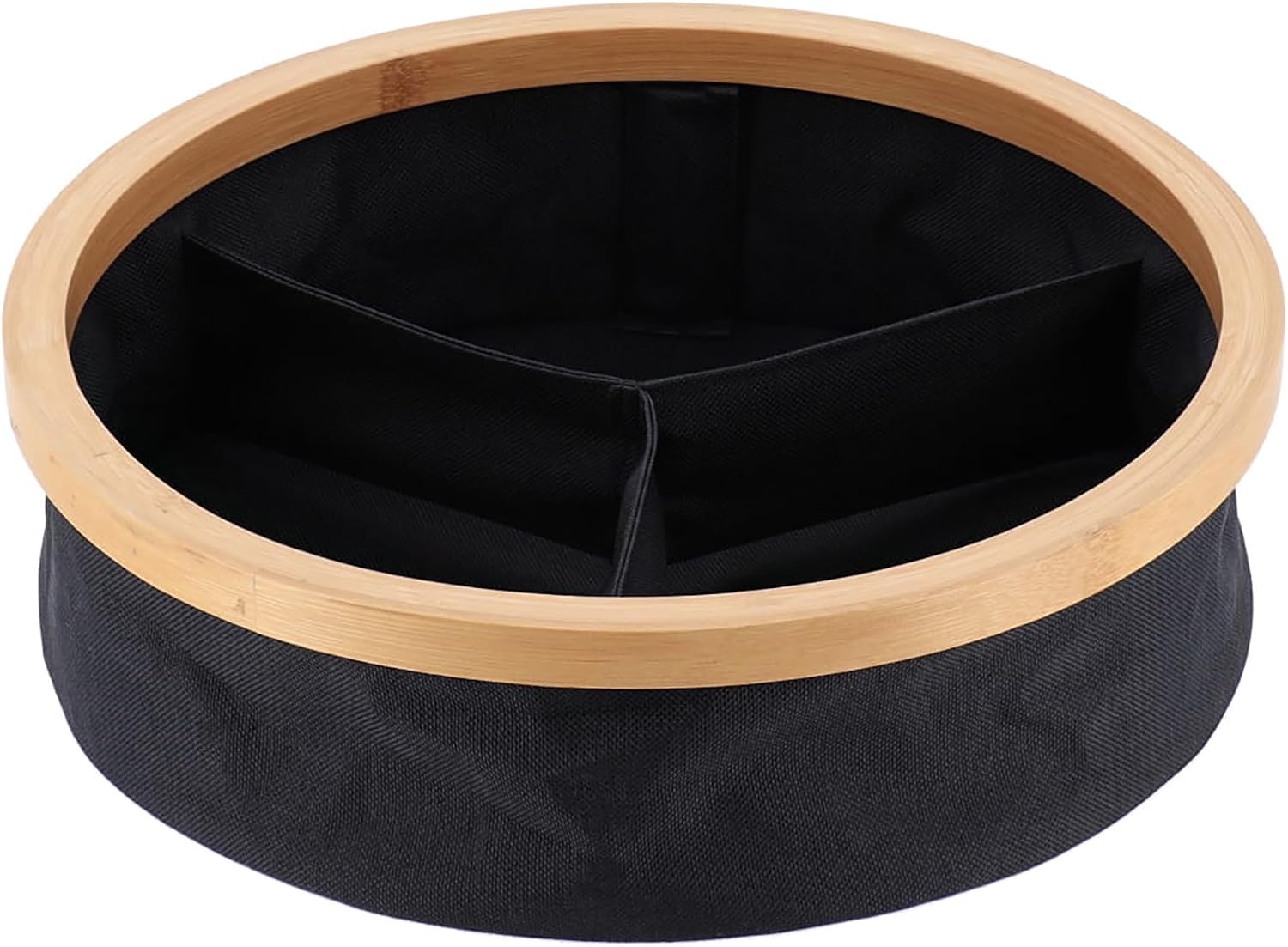 Round Foldable Storage Basket with Bamboo Frame and Black Fabric, 3-Compartment Organizer for Home and Office, Ideal for Bathroom Accessories, 12x12x4 inches, Set of 1
