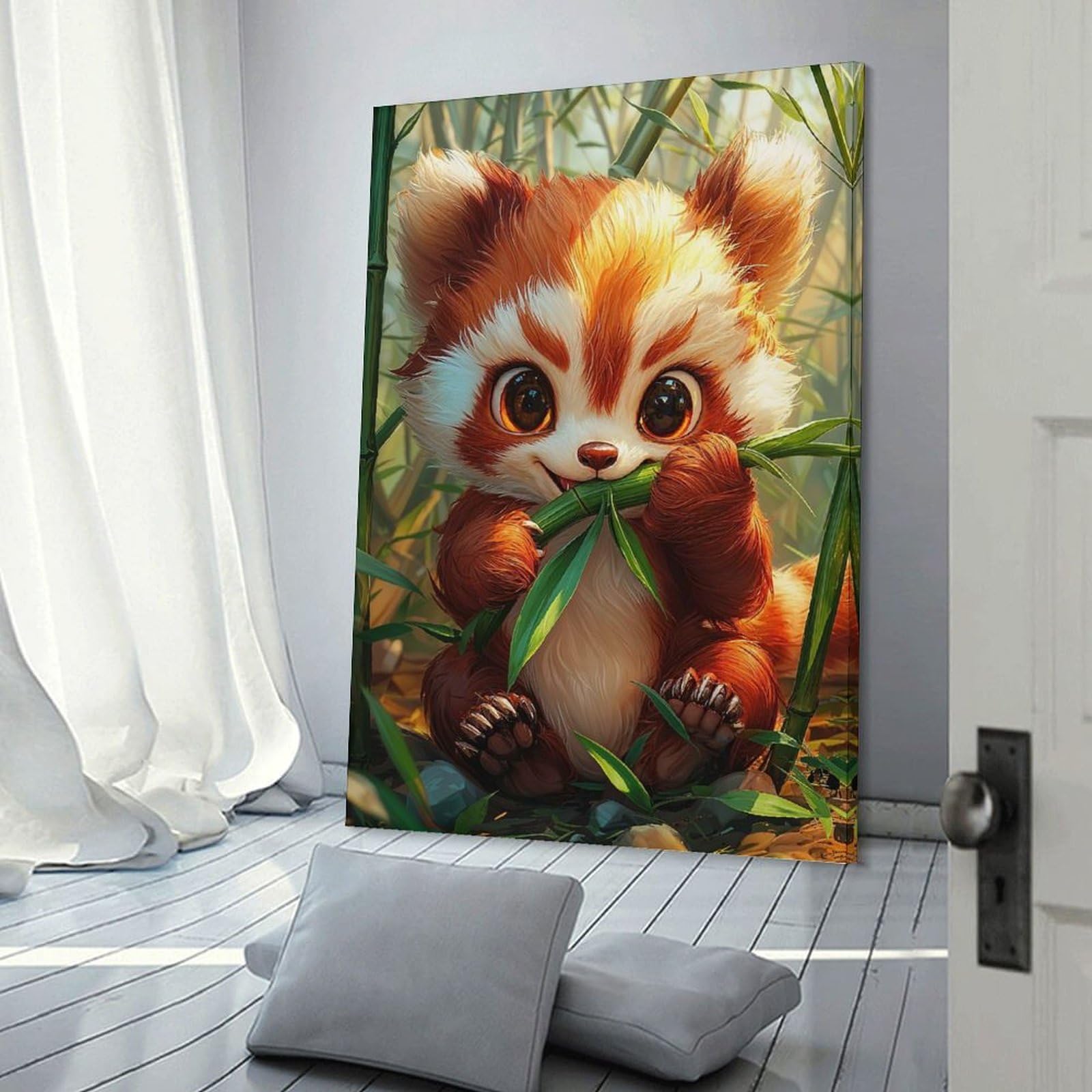 Junmoney Frame-Style-9 Cute Red Panda Eating Bamboo Room Decor Wall Art, 24X36inch(60X90cm), For Home Office, Desk Area Or Studio, An Interior Accent For Desk Areas