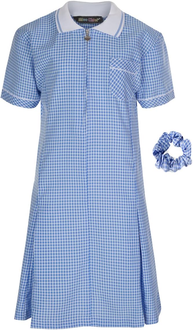Miss Chief - Girl's School Uniform Pleated Gingham Summer Dress + Hair Bobble Age 3 4 5 6 7 8 9 10 11 12 13 14 15 16 17 18 20