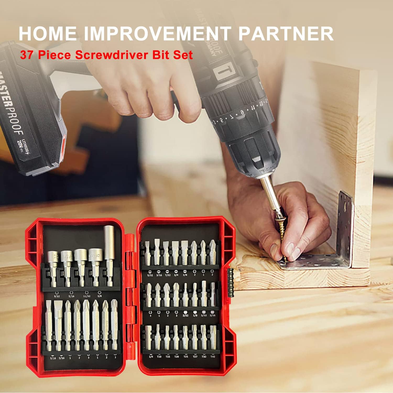 37-Piece Impact Screwdriver Bit Set, Nut Driver Set, Torx Bit Set, Tool Set, Screwdriver Set, Phillips, Slotted, Torx, Hex, Hardened Bits, 1 Inch and 2 Inch Bits