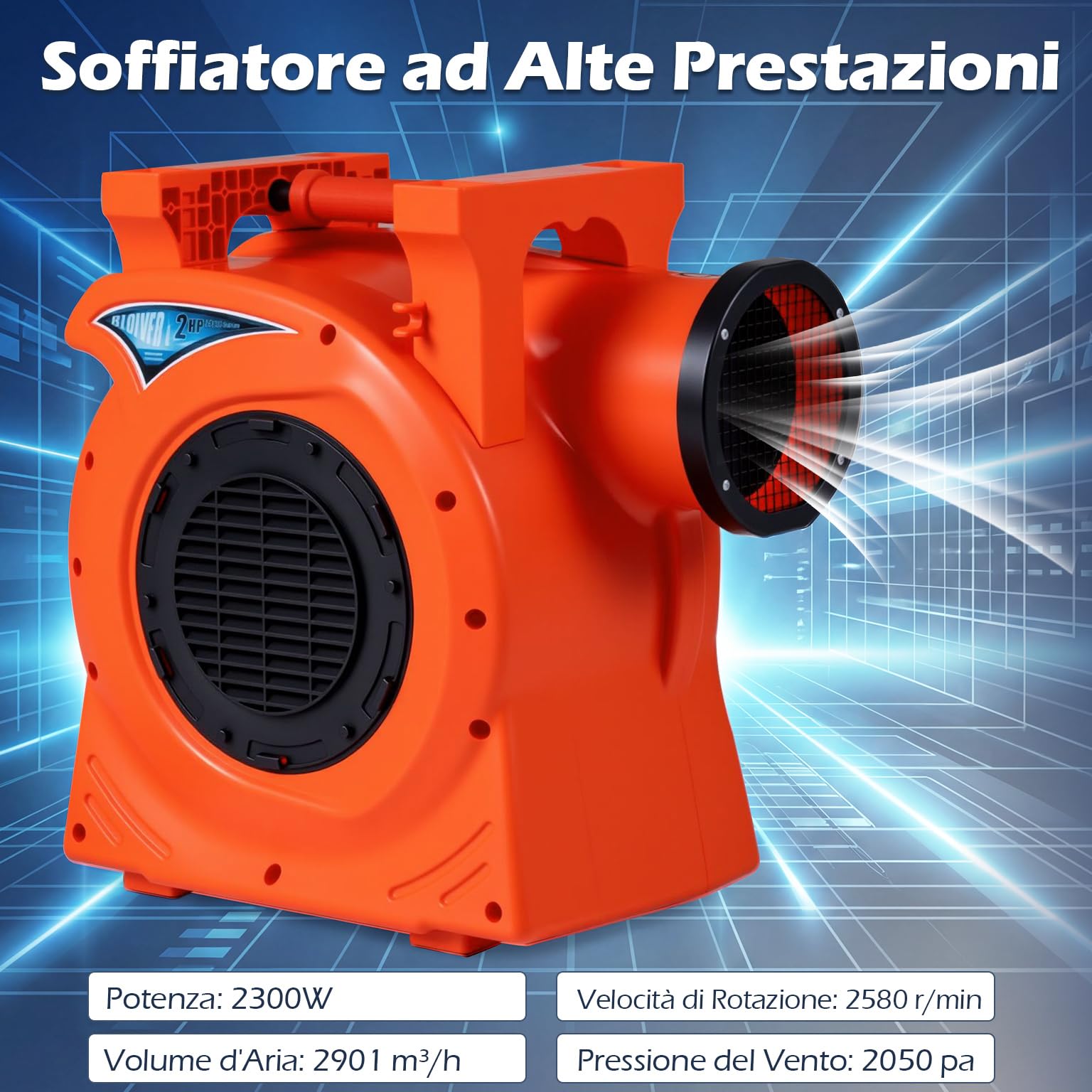 COSTWAY Ventilatore di Aria Commerciale 2300W, Soffiatore per Giochi Gonfiabili con Cavo di Alimentazione e Maniglia Integrata, per Castello Gonfiabile, Scivolo Acquatico e Giochi Gonfiabili